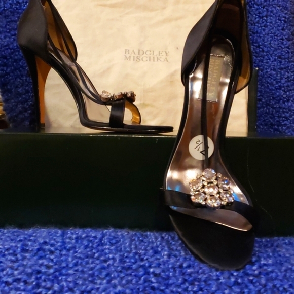 Badgley Mischka Shoes - Brilliant Broach on Toe Badgley Mischka Black Satan Stilettos